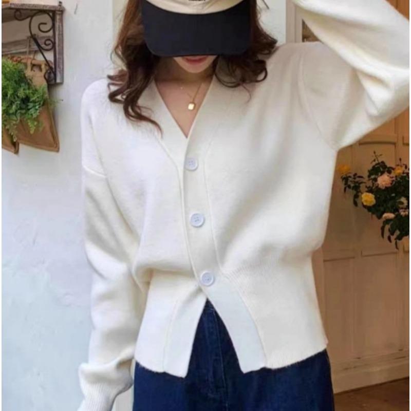 

Female Sweater V-neck Knitted Cardigan Autumn and Winter Waist Cinching Short Sweater S білий