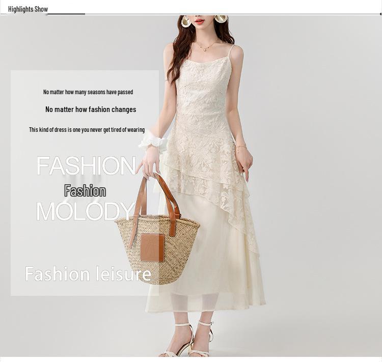 2026 Summer French Apricot Lace Embroidered Irregular Long Camisole Dress for Women