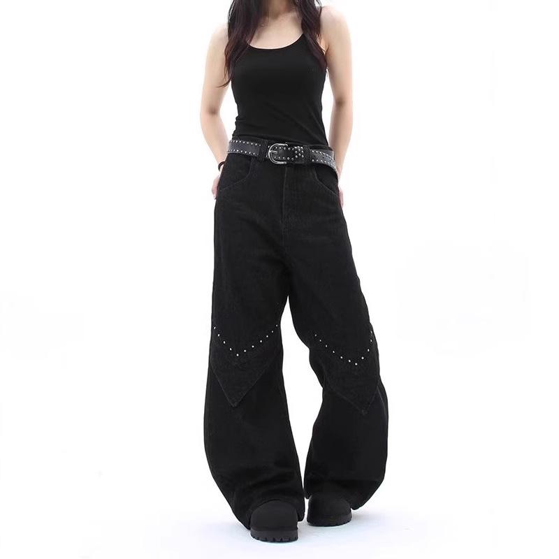 Taku Valley Black Wide-Leg Cargo Pants: Multi-Pocket Streetwear Jeans for Spring & Autumn 2025.