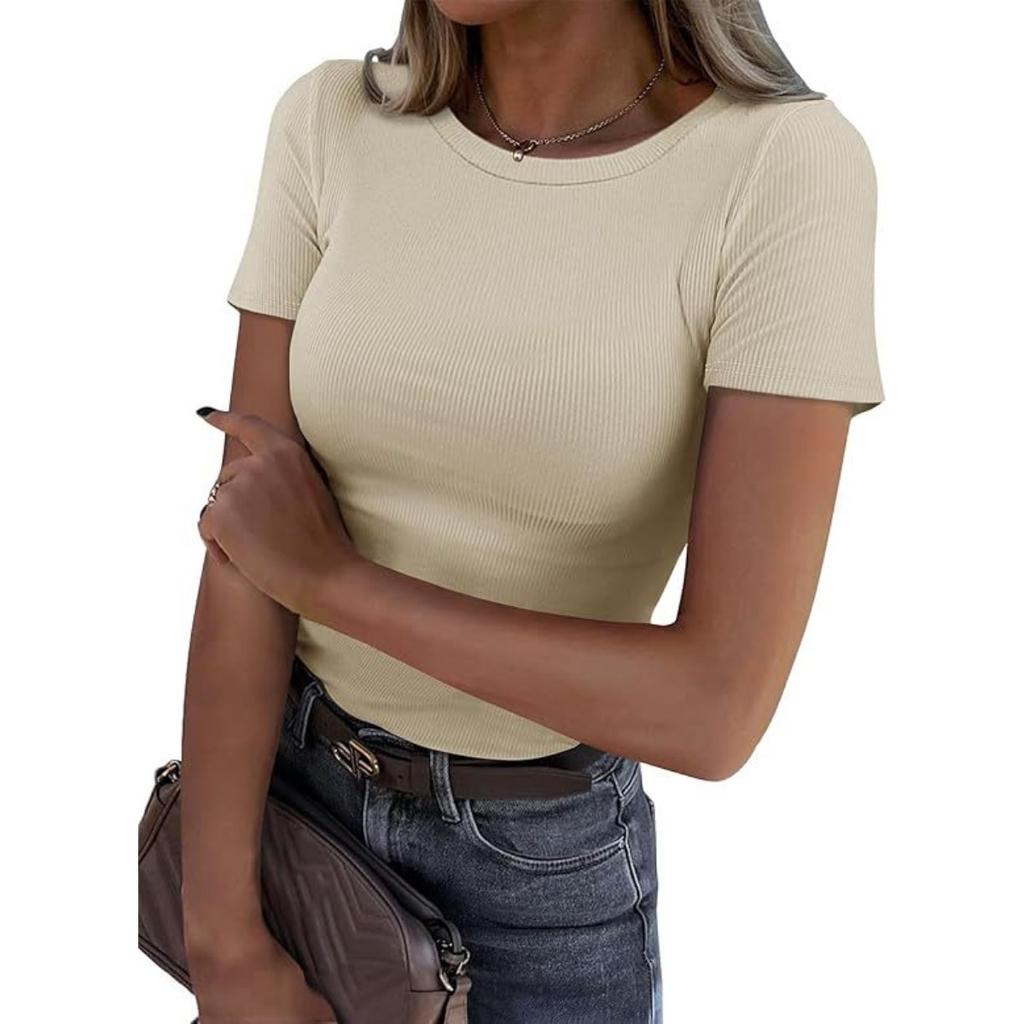 Fashion Striped Round Neck, Slim Fit Women's Short Sleeved T-shirt, Women's Short Sleeved, Elastic Round Neck Ribbed, Slim Fit T-shirt, Women's Top