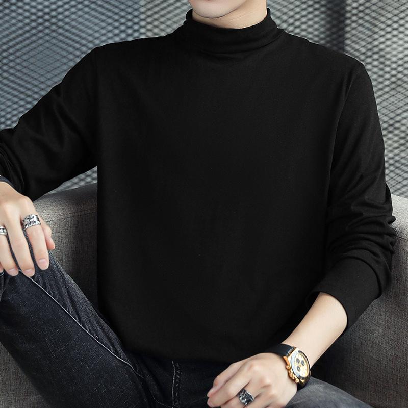 

Чоловіча бавовняна футболка з довгим рукавом, напіввисокий комір, однотонна база для осені/зими 2XL (140-160 lbs)