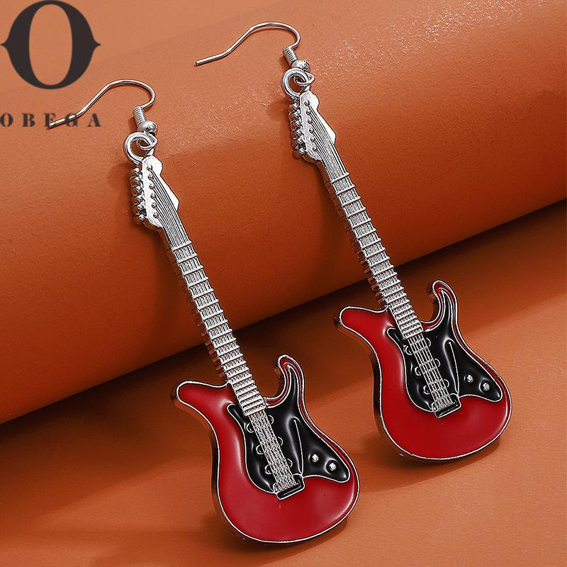 Obega Guitar Drop Earrings For Women Copper Color Black Red White Epoxy Vintage Girls Cute Jewelry Gift Fishhook Style