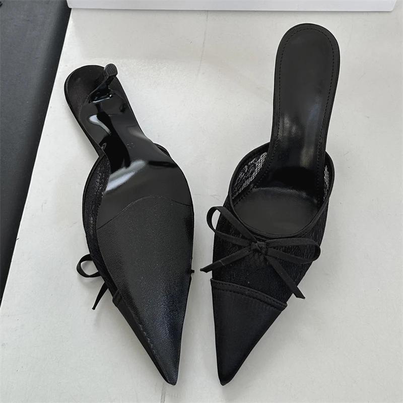 Fashion Eilyken Elegant Mesh Fabric Butterfly-knot Pointed Toe Slippers Women Sexy Thin Heels Party Prom Mule Shoes