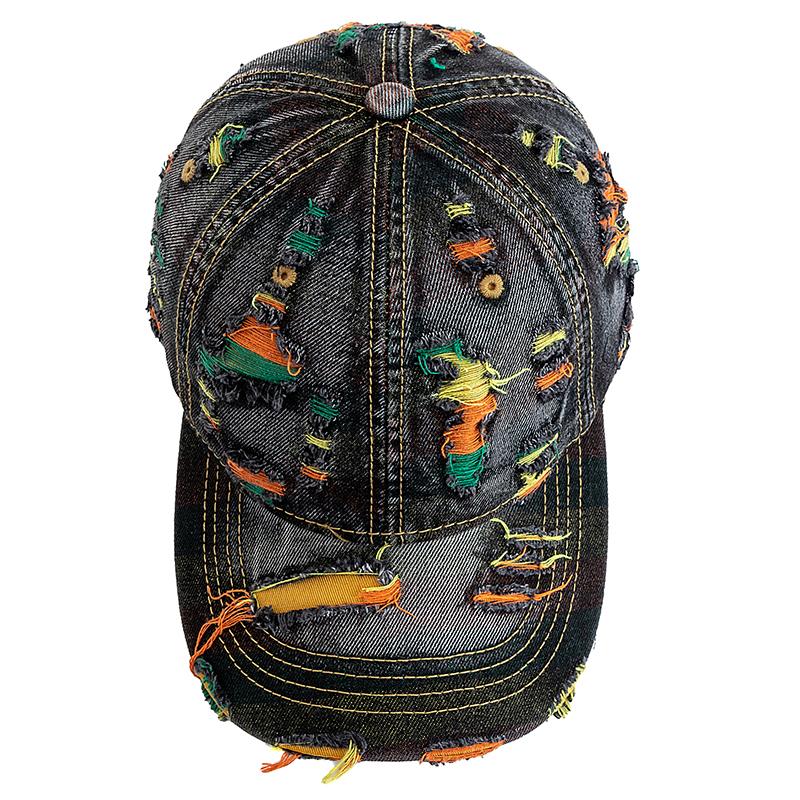 New Style Women Cap Tear Style Hole Vintage Colorful Lines Baseball Caps Female Casual Outdoor Streetwear Denim Hat