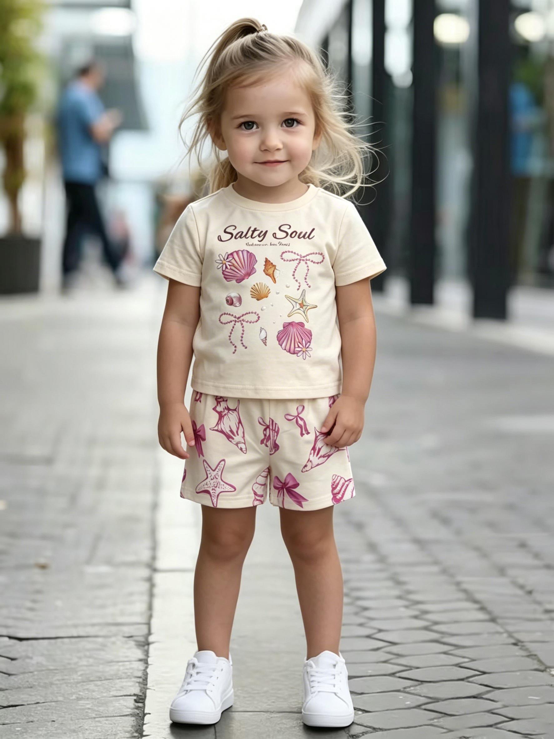 

Toddler Girls Cute Seashell & Bow Print 2-Piece Outfit, Summer Beige Casual Clothes for Kids, Perfect for Playwear & Outdoor 1-2Y жёлтый
