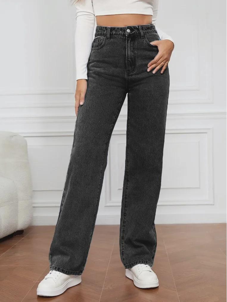 2024 Women's High-Waist Washed Jeans - European & American Style, Long Straight Fit (NK331)