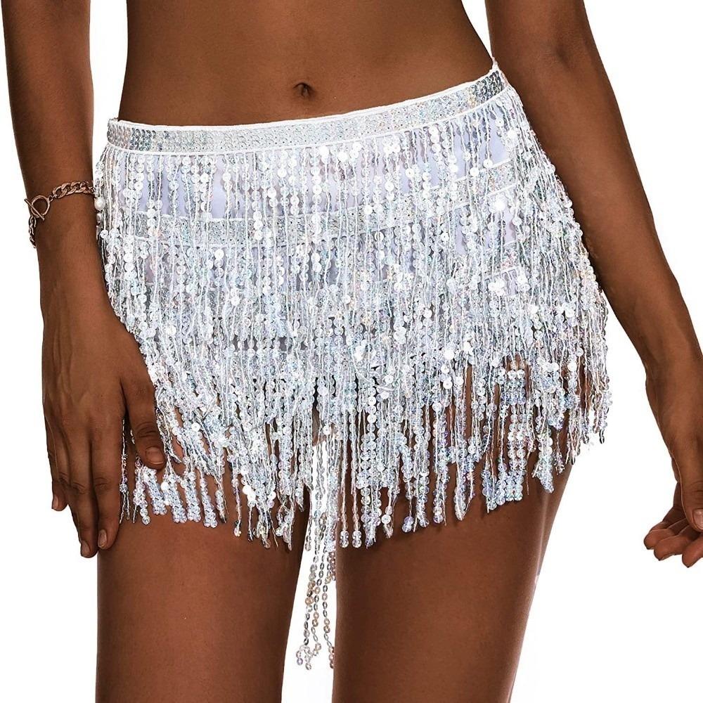 Sequins Belly Dance Waist Chain Dress Tassel Hip Scarf Shiny Latin Dance Hula Short Skirt  Practice