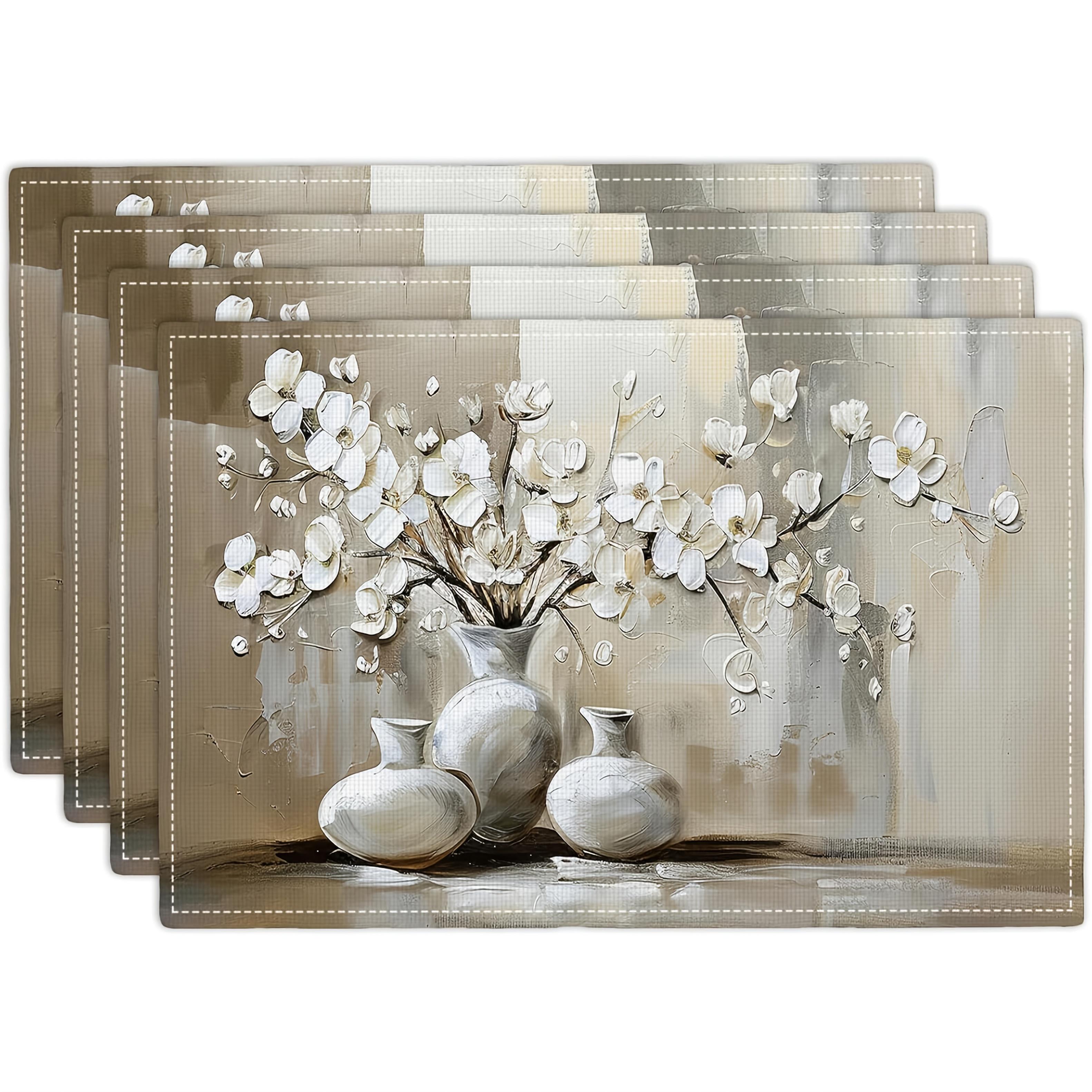 

Abstract Floral Vase Placemats Linen Neutral Modern Table Mats White Flower Kitchen Decor Washable Heat Resistant Dining Set 4Pcs-30X45cm(12X18in