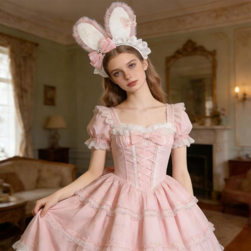 Plush Sweet Rabbit Ears Headband With Elegant Lace And Bowknot Detachable For Cosplay Party And Daily Wear