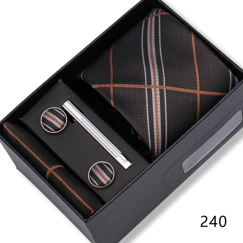 Ensemble Cadeau Boîte Pochette de Costume pour Homme Cravate Rayée Polyester Mode Premium Mariage Affaires