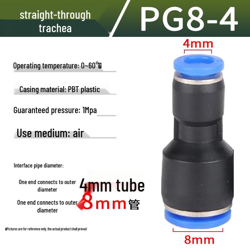 Pneumatic Air Tube Connector: PU8 Straight, PV10 Right-Angle Elbow, Quick-Insert, Butt Joint, Blue Plastic, PG6-4 Reducer.