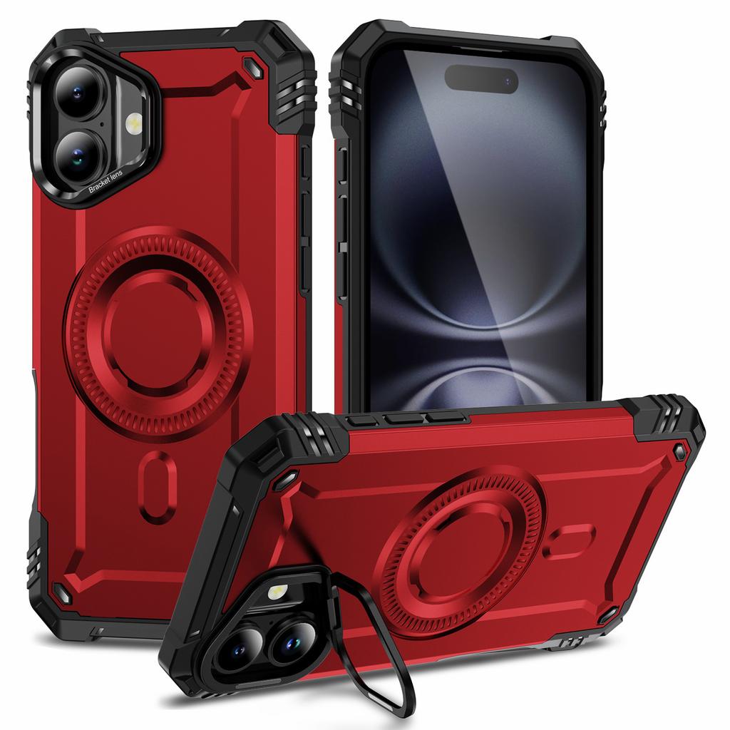 For iPhone 16 Case Compatible with MagSafe Metal Lens Frame Kickstand PC+TPU Mobile Cover