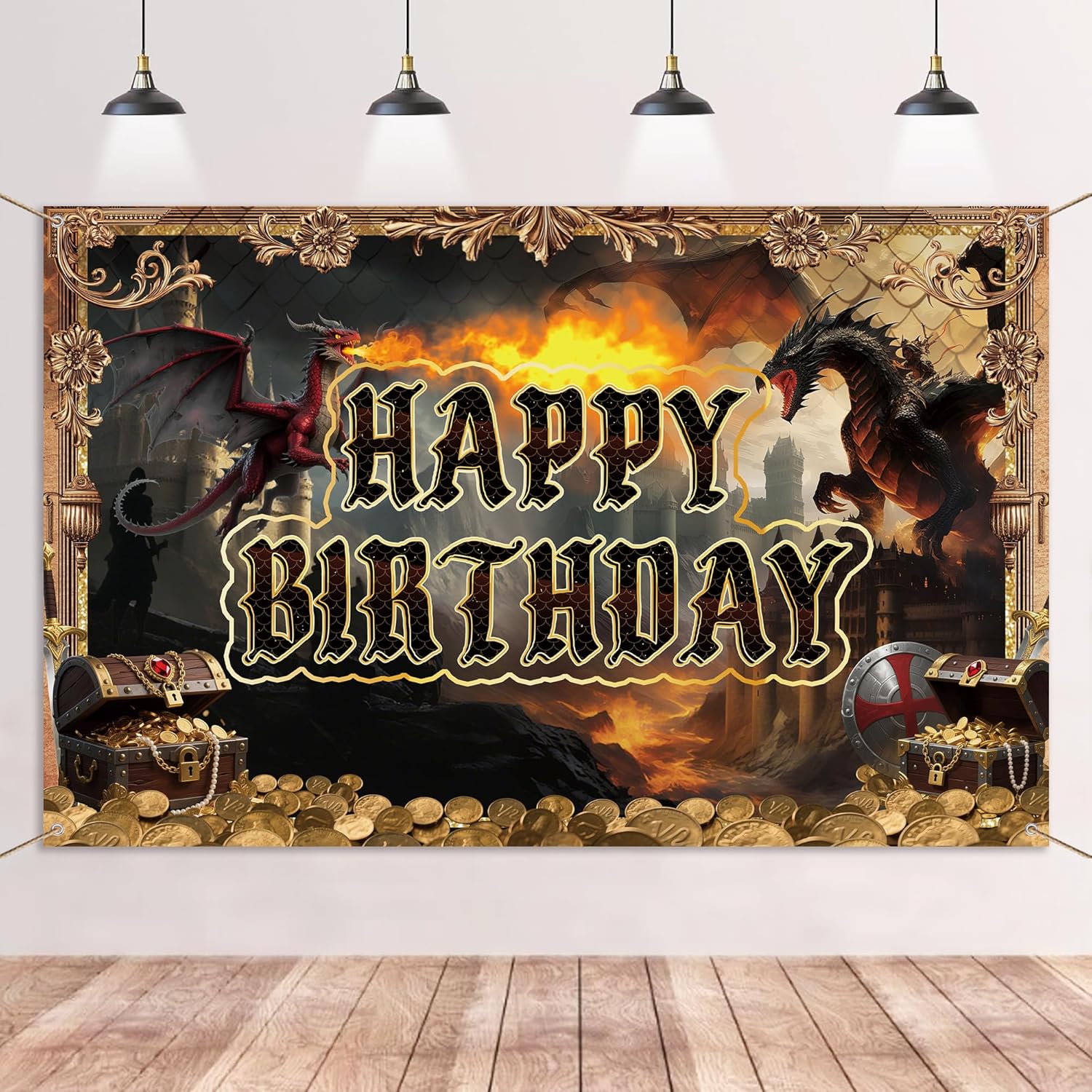 Dragon Birthday Party Decorations Banner - Happy Birthday Medieval Dragon Theme Decoration Backdrop, Dragons Castle Flame Party Supplies Photo