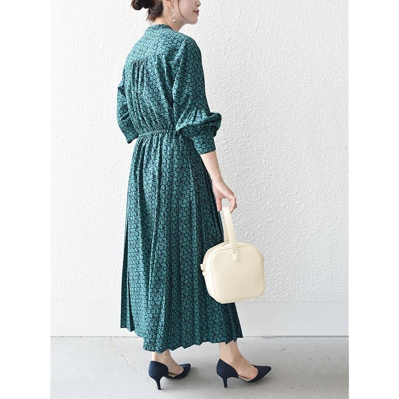 [Ships Ladies] SHIPS for women one piece WEB limited Hand washable dot/floral pattern band color side pleats ladies 314514409 dark green M