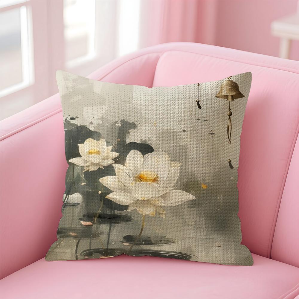 Golden Lotus Luxury Cushion Cover Natural Linen Pillow Case DoubleSided Print Decorative Sofa Pillowcase Home Decor Gift