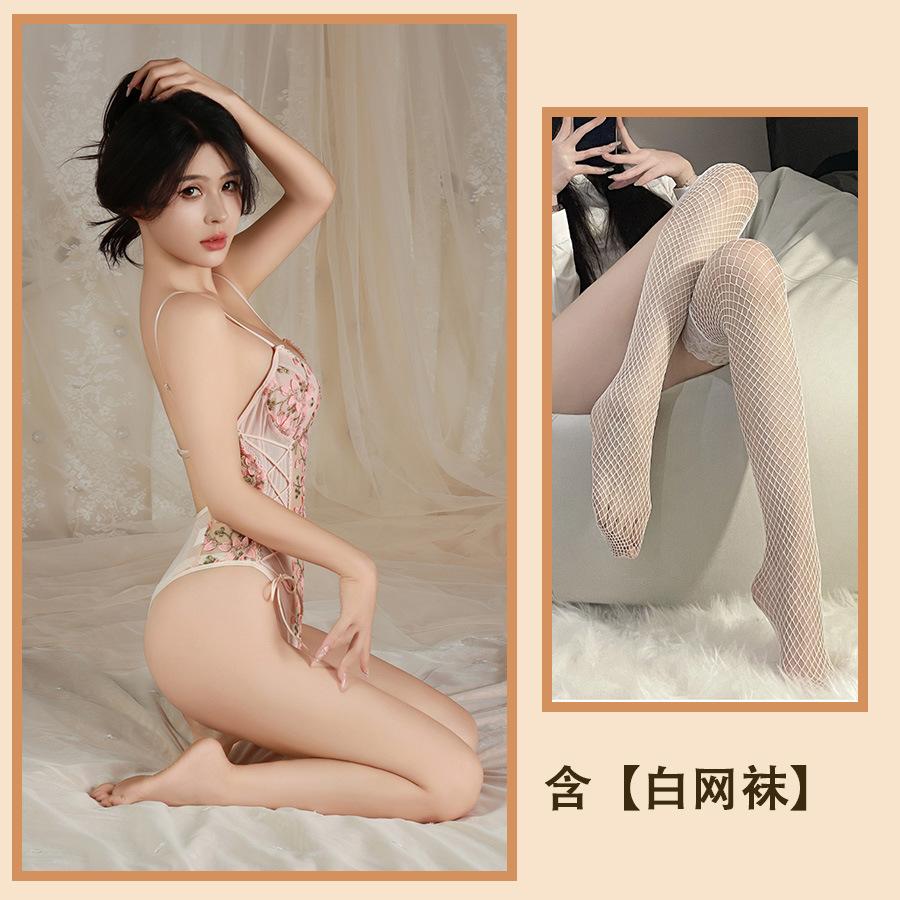 Sex Underwear Lace Embroidery Hollow Pajamas Sexy Suspender One-piece Waist Transparent Temptation Mesh Set