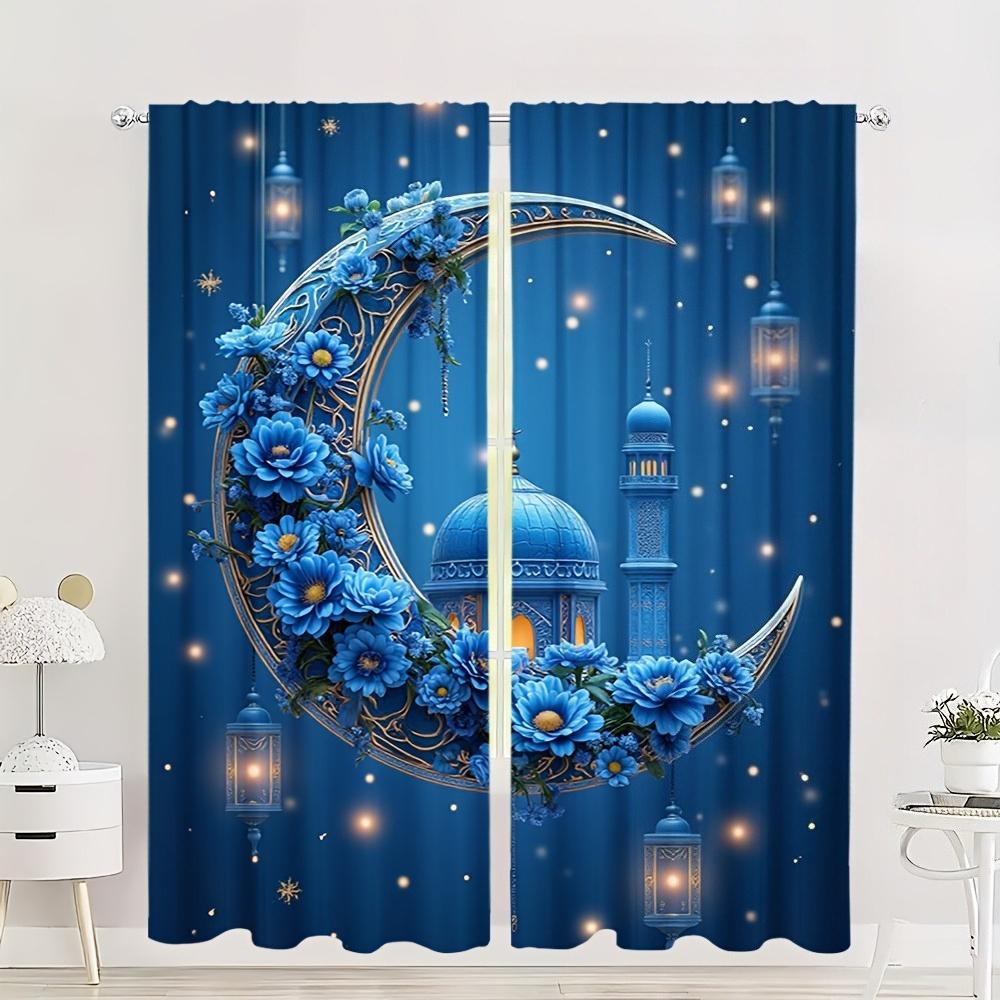 

Blue Gold Ramadan Curtains Print Polyester Living Room Dining Decor Sheer Set Of 2 Made With Rod Pocket Sitting W100*H70(CM)-Hooks&1PCS