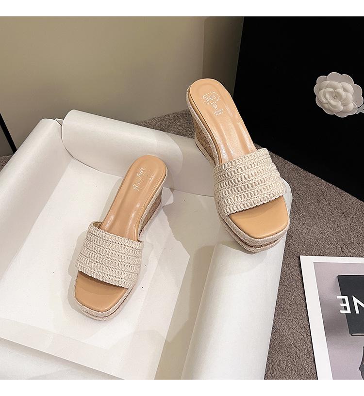 

Fashion 9cm high heels straw slippers women platform sandalias mujer 2025 new summer wedges shoes woman flip flops pantuflas mujer 39 абрикосовый