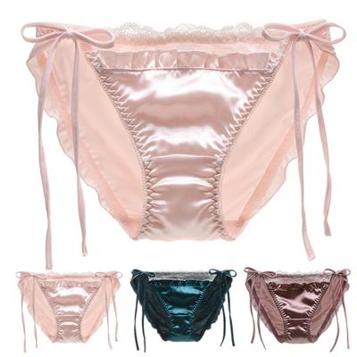 Women Panties Lace Patchwork Lace Up Seamless Satin Breathable Anti-septic Mid Waist Soft Shirring Intimate Underpants Lady Underwear