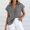 Damen Casual Locker Sitzendes Kariertes Kurzarmhemd Top mit Knopfleiste und vorne gebundenem Knotenkragen Bluse für Sommer Tägliche Kleidung