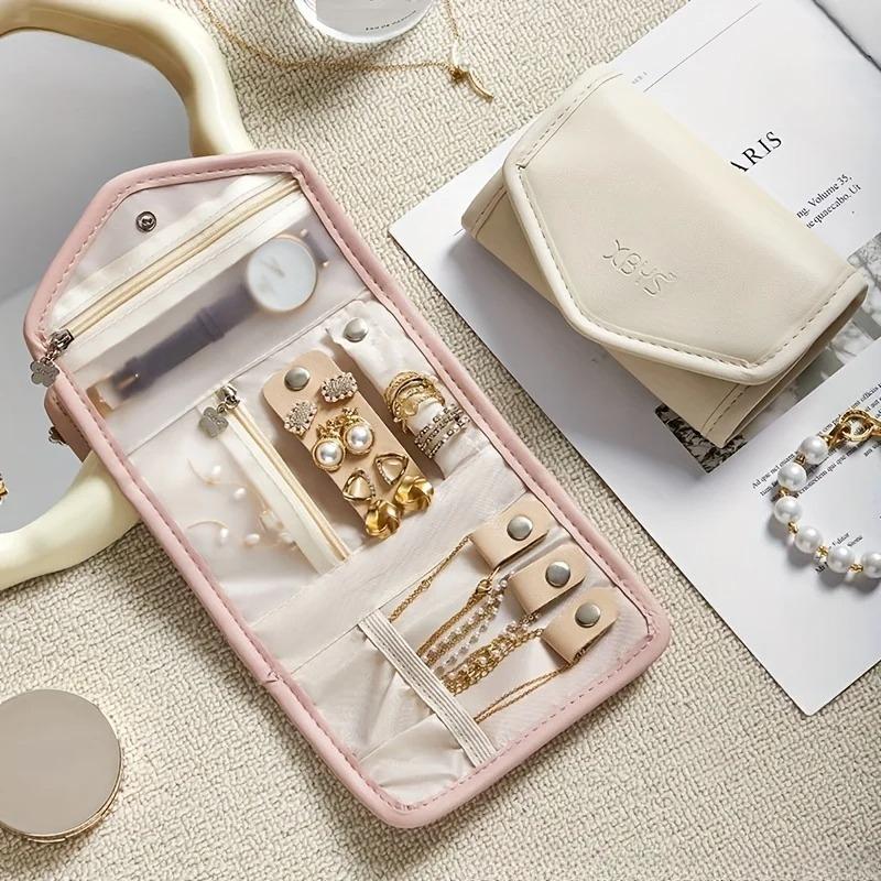 Travel Jewelry Organizer Bag PU Material Necklace Earring Ring Storage Pouch with Watch Compartment Portable Zippered