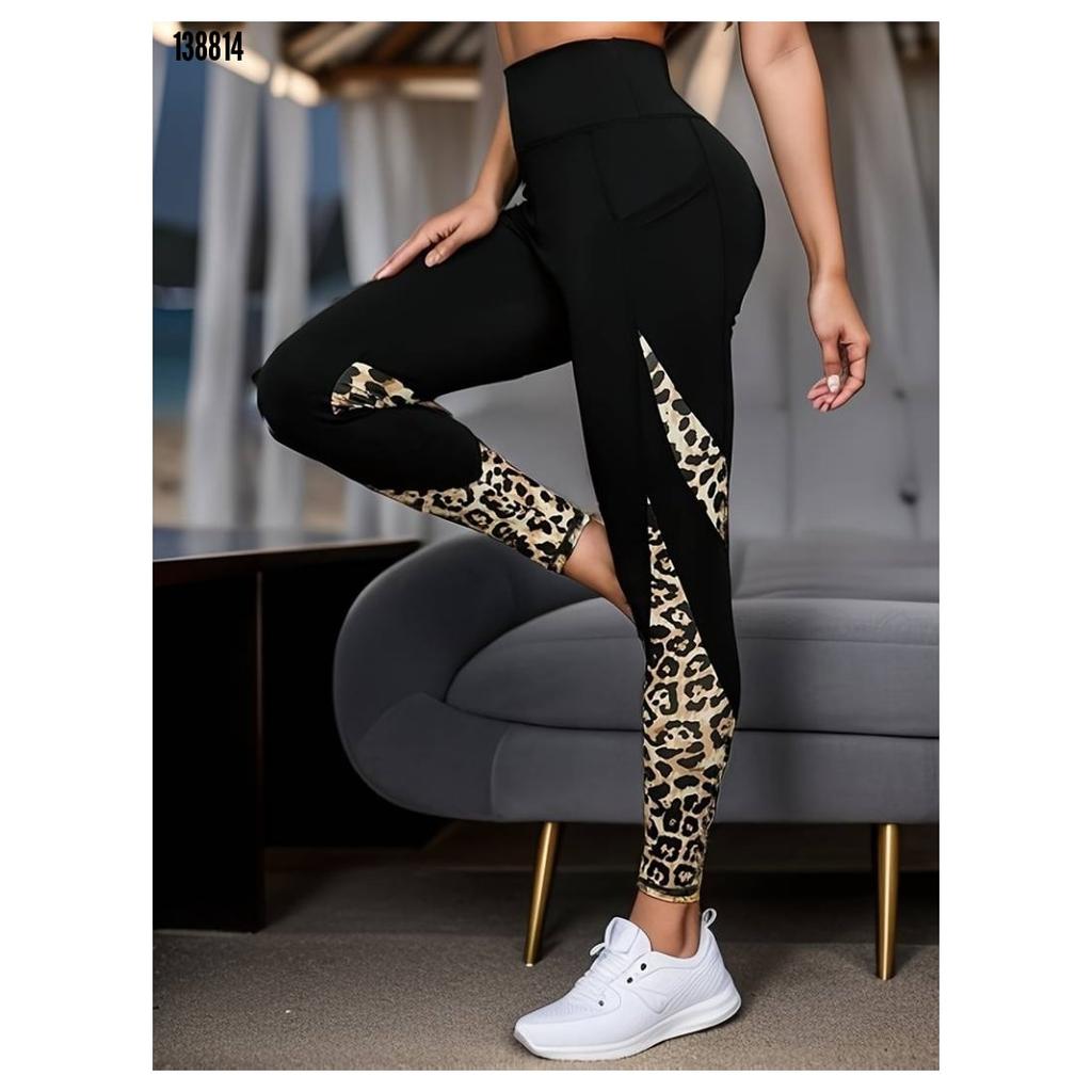 Women's High Waist Sports Leggings, Leopard Print, Black, Elastic, Comfort Fit