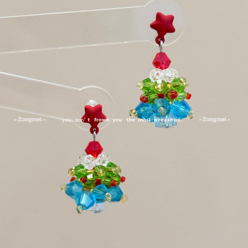 3D Christmas Tree Earrings with Red Bow - Heavy Beaded Crystal Ear Clips, Hand-Woven Holiday Accessories