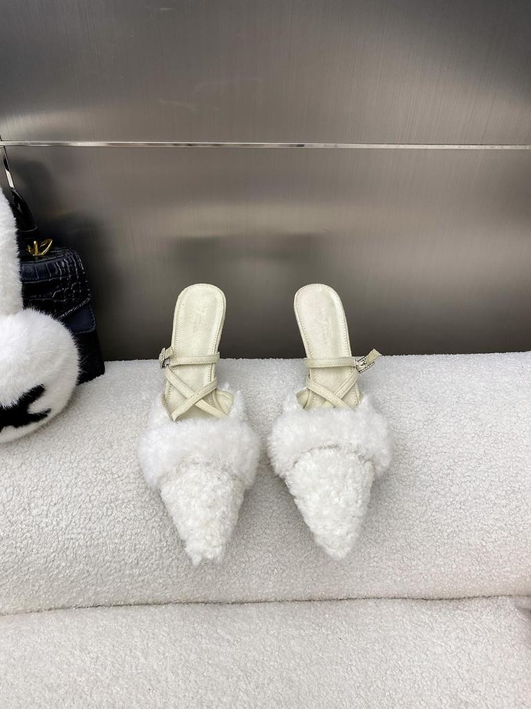 fashion Pointed Toe Women Sandals Summer Dress Shoes Back Strap Fur Fashion Thin High Heels Stiletto Fashion Dress Shoes Woman Size 40