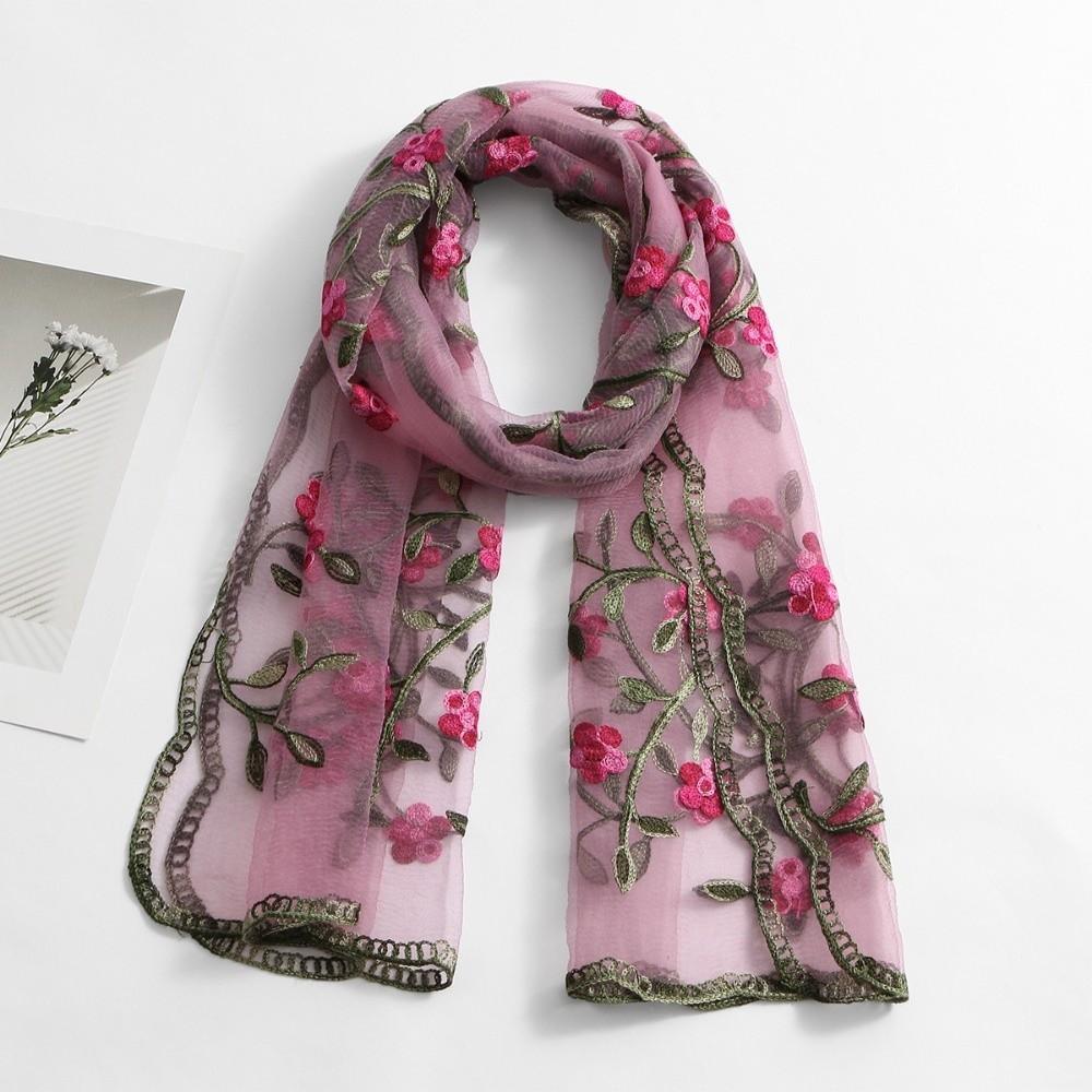 Breathable Embroidered Floral Headwrap Lightweight Summer Hijab Boho Sheer Shawl Elegant Lady розовый