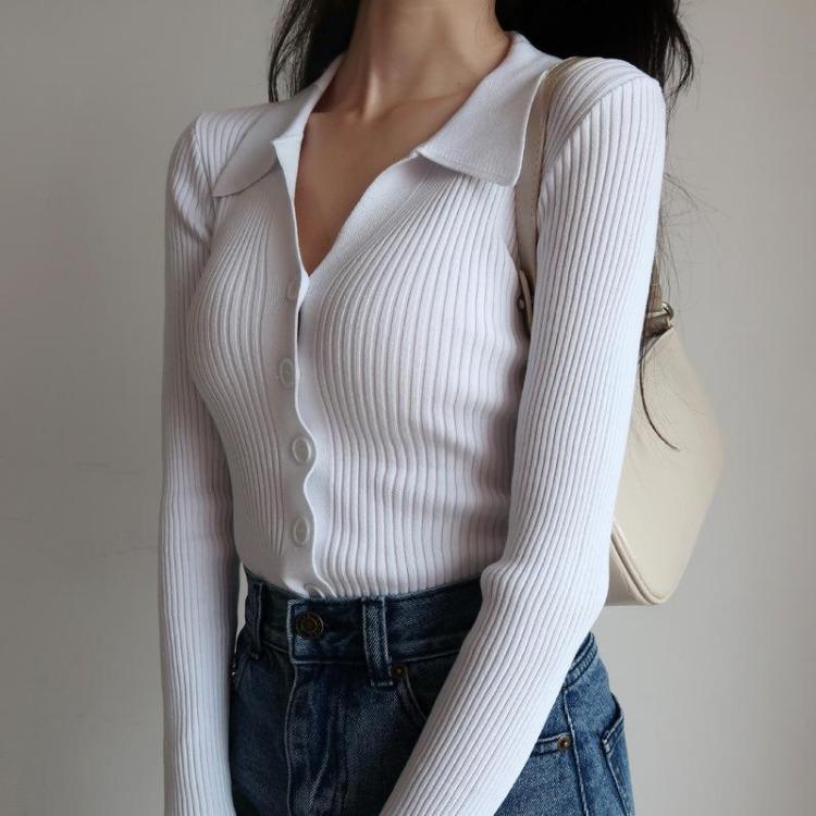 Women Solid Color Turn Down Collar Long Sleeve Hollow Buttons Knitted Pullovers Sweaters One Size Tops Spring Autumn