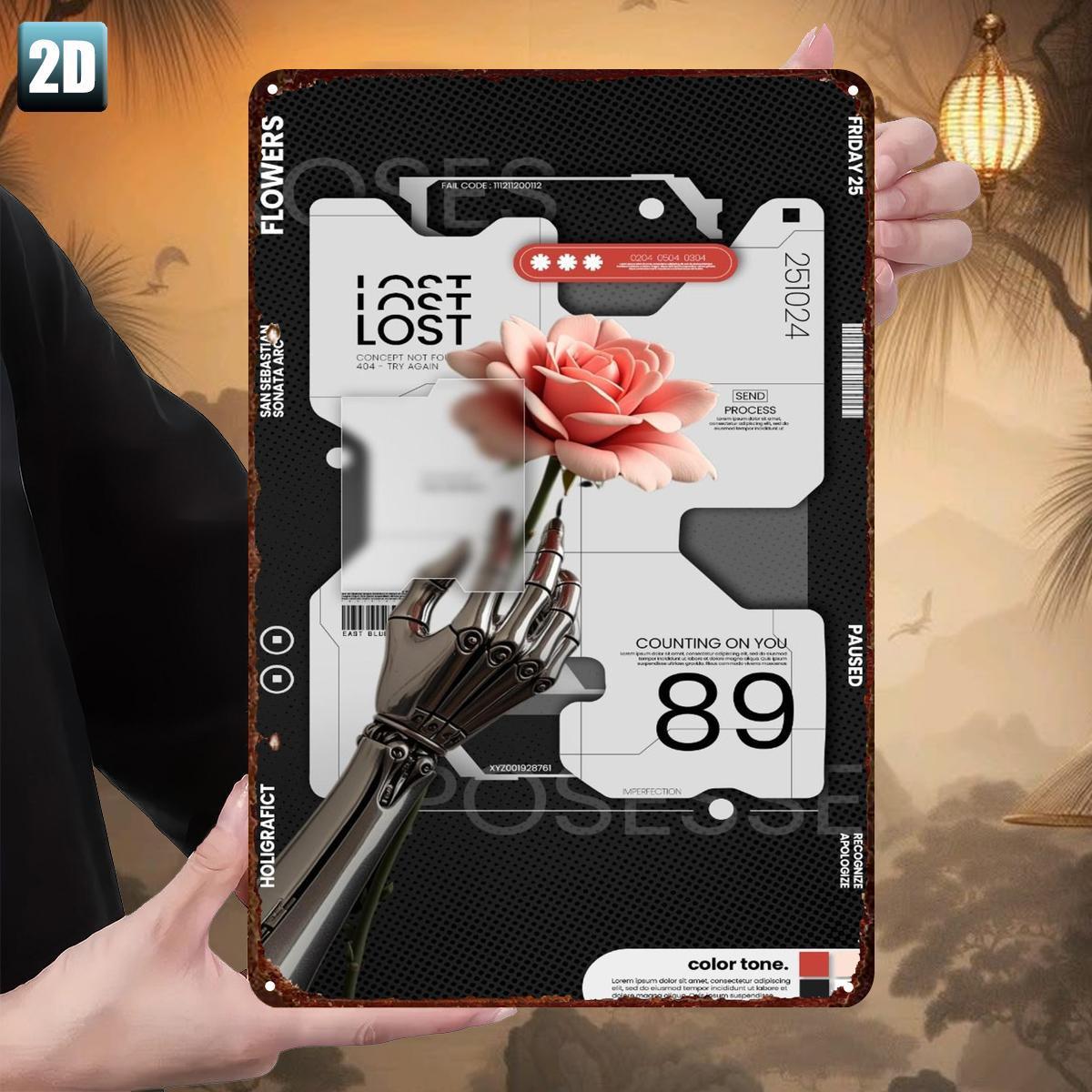 

VintageFuturistic Metal Tin Sign Robotic Arm Pink Rose RetroFuturistic Art Poster Metallic Border Decoration for Ho 20x30cm（7.8x11.8inch）