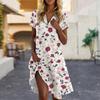 Women's Casual Fashion Lapel Floral Print Dress Short Sleeve V Neck Short Skirt