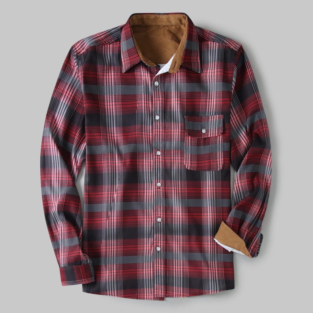 Men's Fashion Casual Loose Plaid Pocket Lapel Long Sleeve Shirt Top Blouse