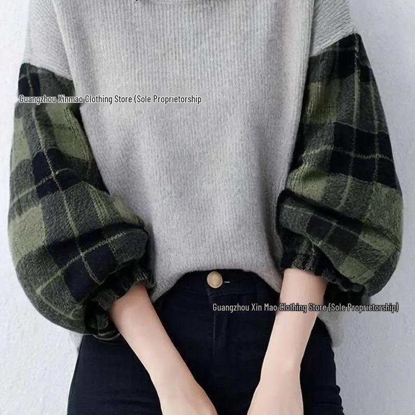 Women's Fashionable Knit Plaid Sweater: Elegant & Versatile Fake Two-Piece for Spring & Fall