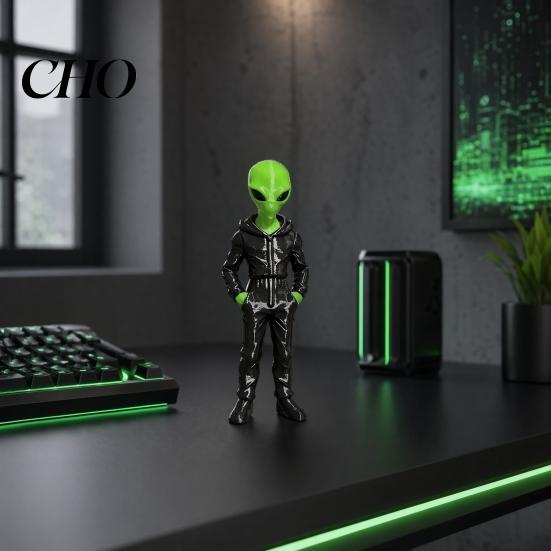 Statua di Figura Alieno con Cappuccio che Indossa Felpa con Cappuccio, Statuetta Verde Stampata in 3D, Scultura da Collezione, Decorazione Desktop Sci-Fi Regalo per Appassionati E-sport