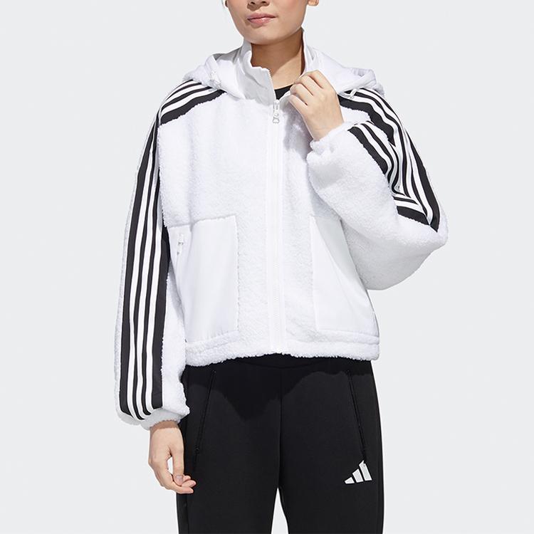 Adidas Barevně blokovaná sherpa teplá ležérní bunda s kapucí Dámské bundy Han-Jade-White GM1424