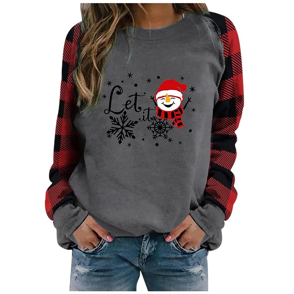 Dámské módní kostkované tričko s vánočním potiskem s kulatým výstřihem a dlouhým rukávem