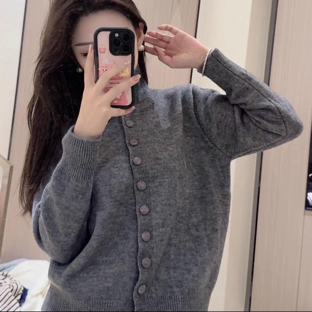 

2025 Высококачественный Осенне-Зимний Женский Мягкий Трикотажный Кардиган С Воротником-Стойкой, Подчеркивающий Фигуру Double Extra Large серый