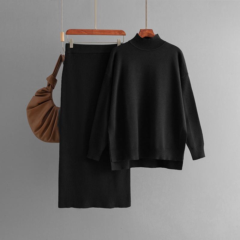 Women's sweater set autumn and winter new solid color semi-turtleneck sweater half-body hip skirt two-piece set