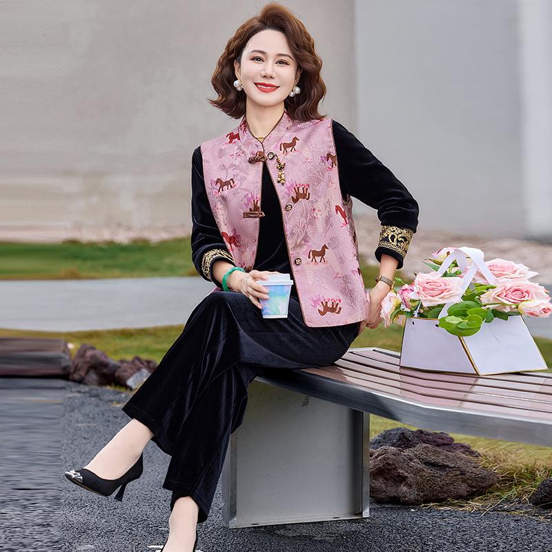 

2026 New Chinese Style Spring Suit: Gold Velvet Top & High-End Vest for Middle-Aged and Elderly Women 5XL (150-165 jin)