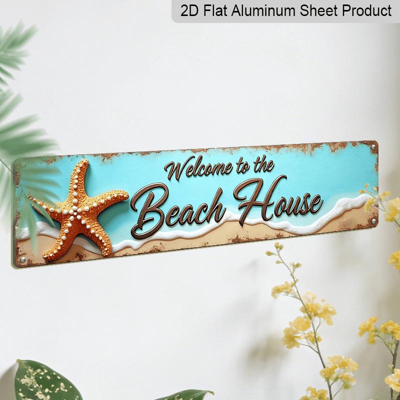 2D Flat, Stylized "Welcome To The Beach House" Metal Sign - Ocean Theme Wall Decor with Starfish and Shells Alumium Decorative Sign, Vintage Style