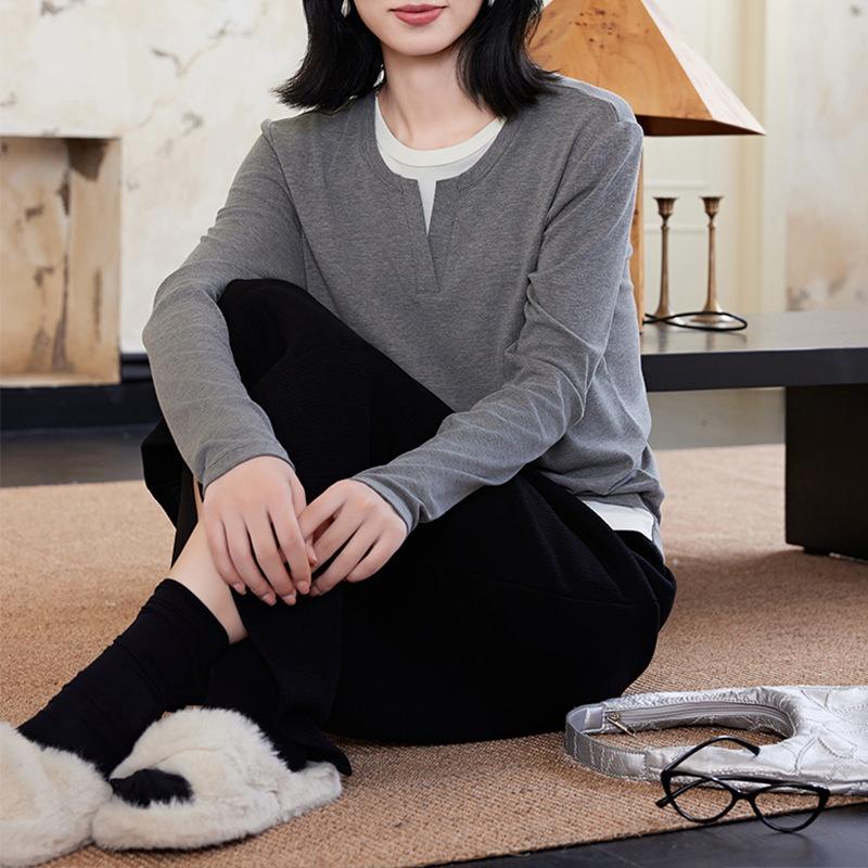 Niche Design Sense Tencel Wool Contrasting Color Fake Two-piece Long-sleeved Shirt Autumn New Thin Bottoming Shirt Women