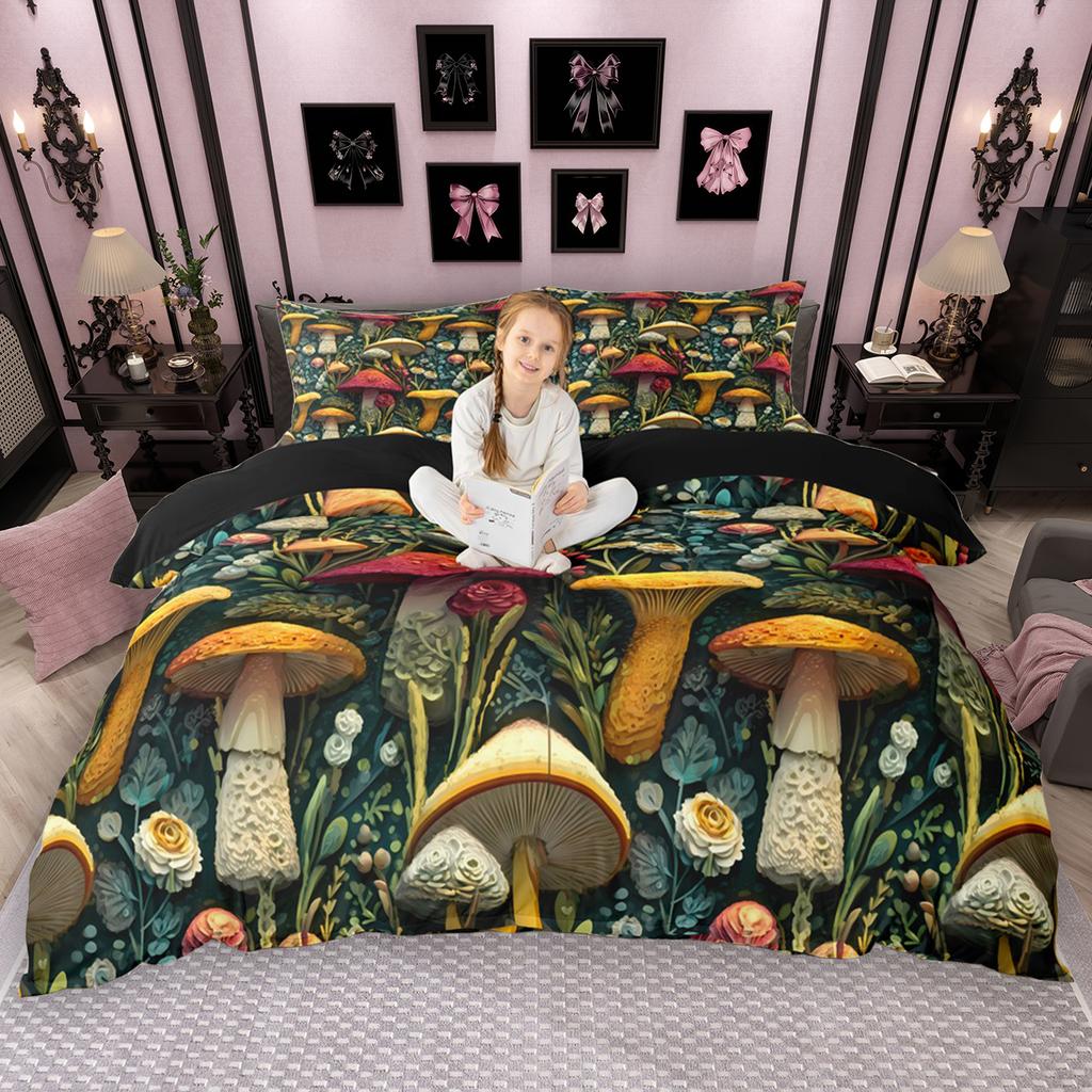 Homewish Hippie Mushroom Duvet Cover Set 2pcs/3pcs, Botanical Theme Bedding Set, Wild Plant Comforter Cover Set