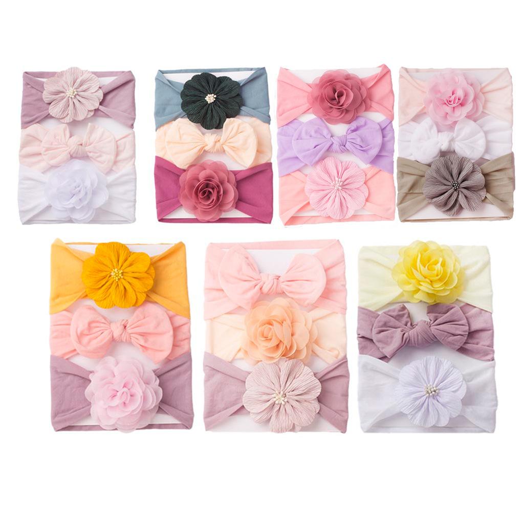 3Pcs Cute Baby Flower Headbands Set, Soft Bow Nylon Hair Bands for Infants