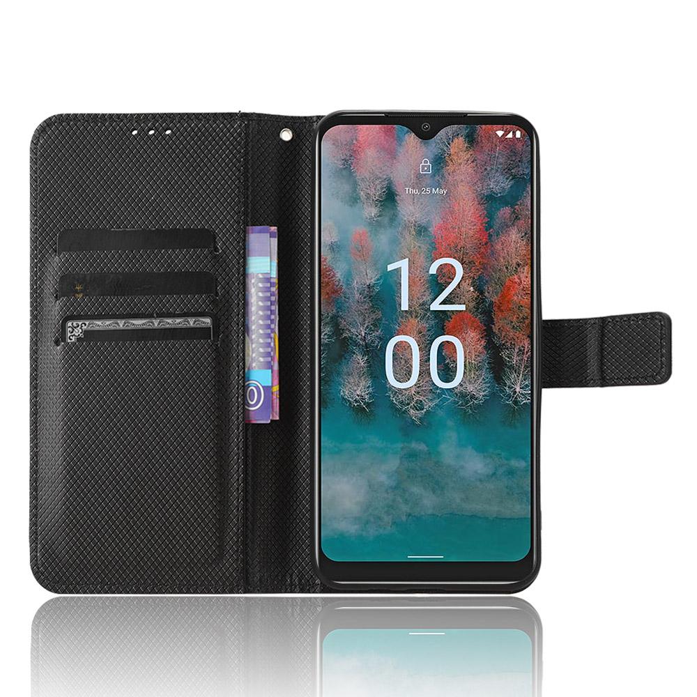 

For Nokia C12 4G/C12 Pro/C12 Plus PU Leather+TPU Cell Phone Cover Diamond Texture Stand Wallet Flip Case Black