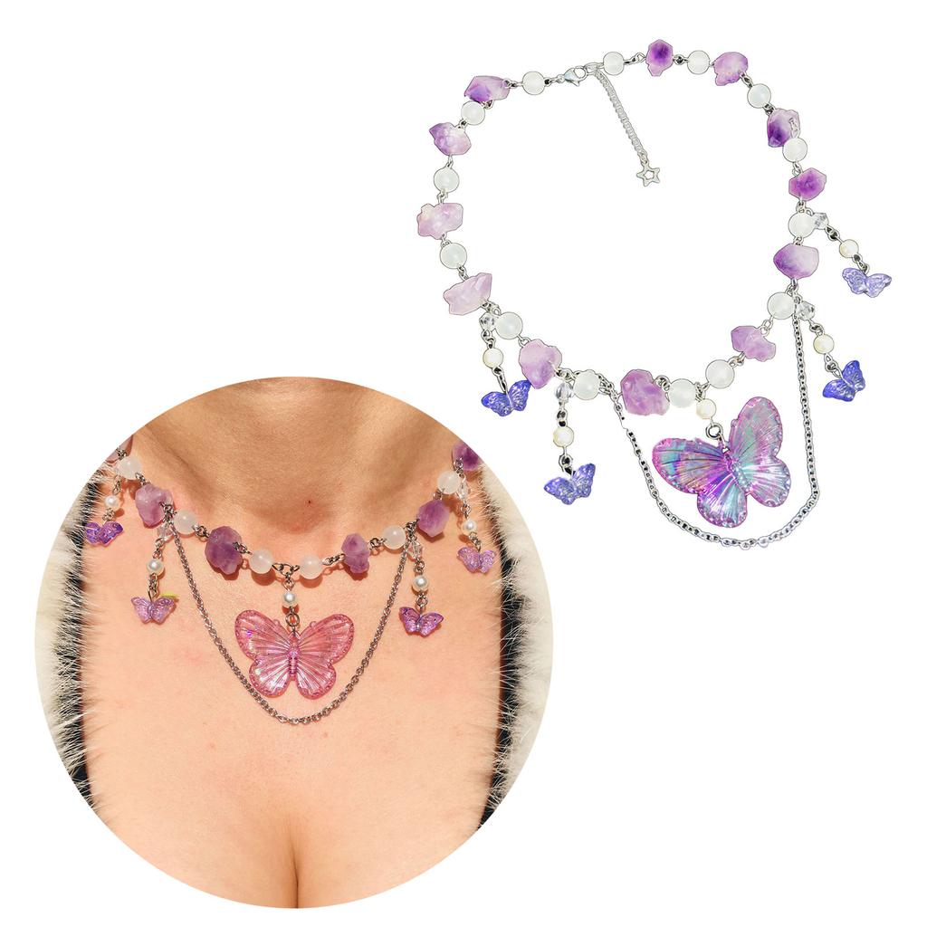 Handmade Natural Crystal Angel Necklace Butterfly Wing Pendant Necklaces Multi-Layer Tassels Choker Clavicle Chain Gift