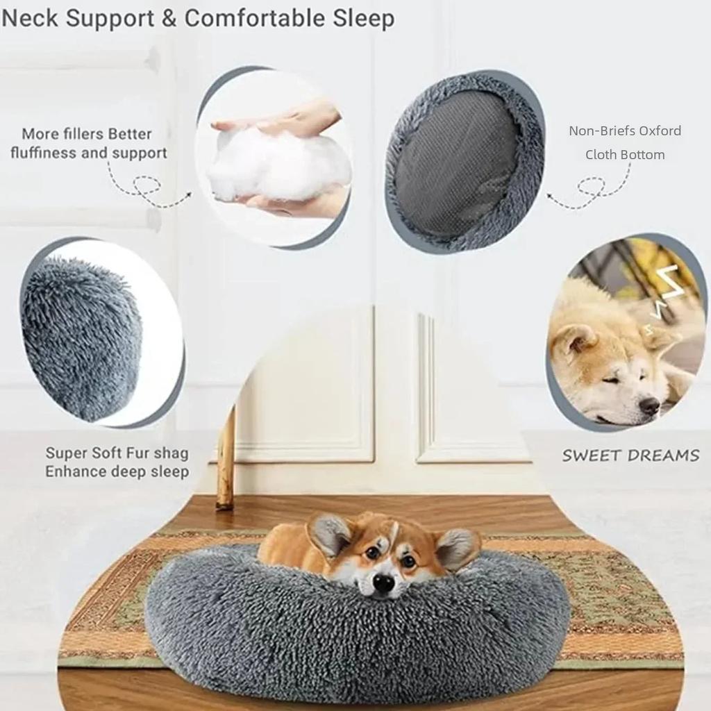 60cm Rundes Haustierbett für Großes Hundebett Superweiches Katzenbett Langer Plüsch Hundehaus für Mittelgroßes Hundehaus Winter Warm Schlafen
