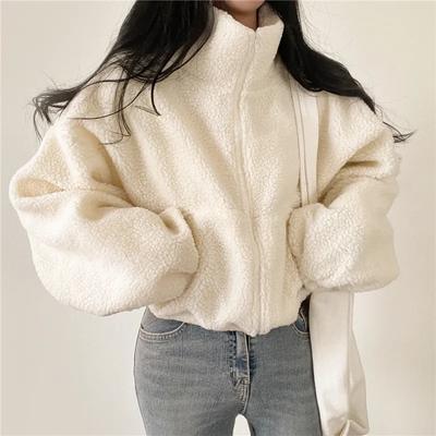 Damen Koreanischer Stil Kurz Geschnitten Stehkragen Warmes Faux-Schaf-Samt Jacke Locker Geschnitten Cardigan Oberteil für Herbst/Winter