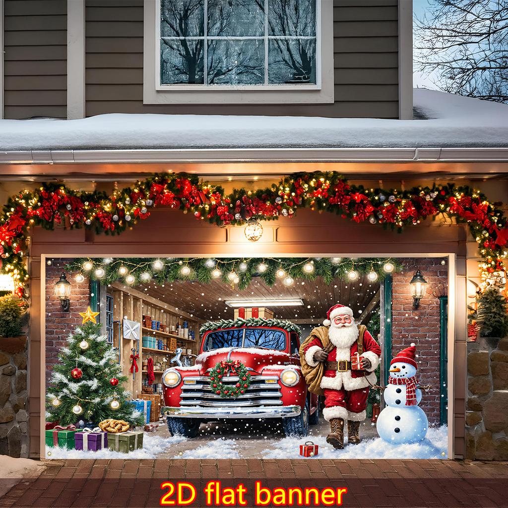 Giant Red Vintage Truck Christmas Banner Santa Claus and Snowman - Heavy Outdoor/garage Door Decoration Christmas Party