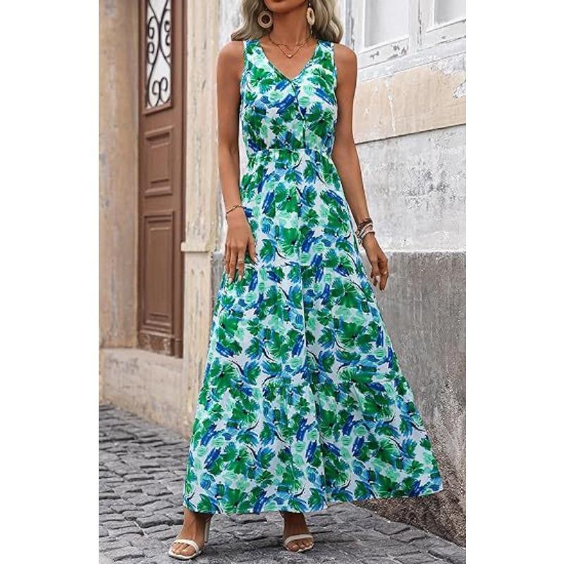 2025 Popular Women's V-neck Elastic Waist Casual Sleeveless Printed Dress